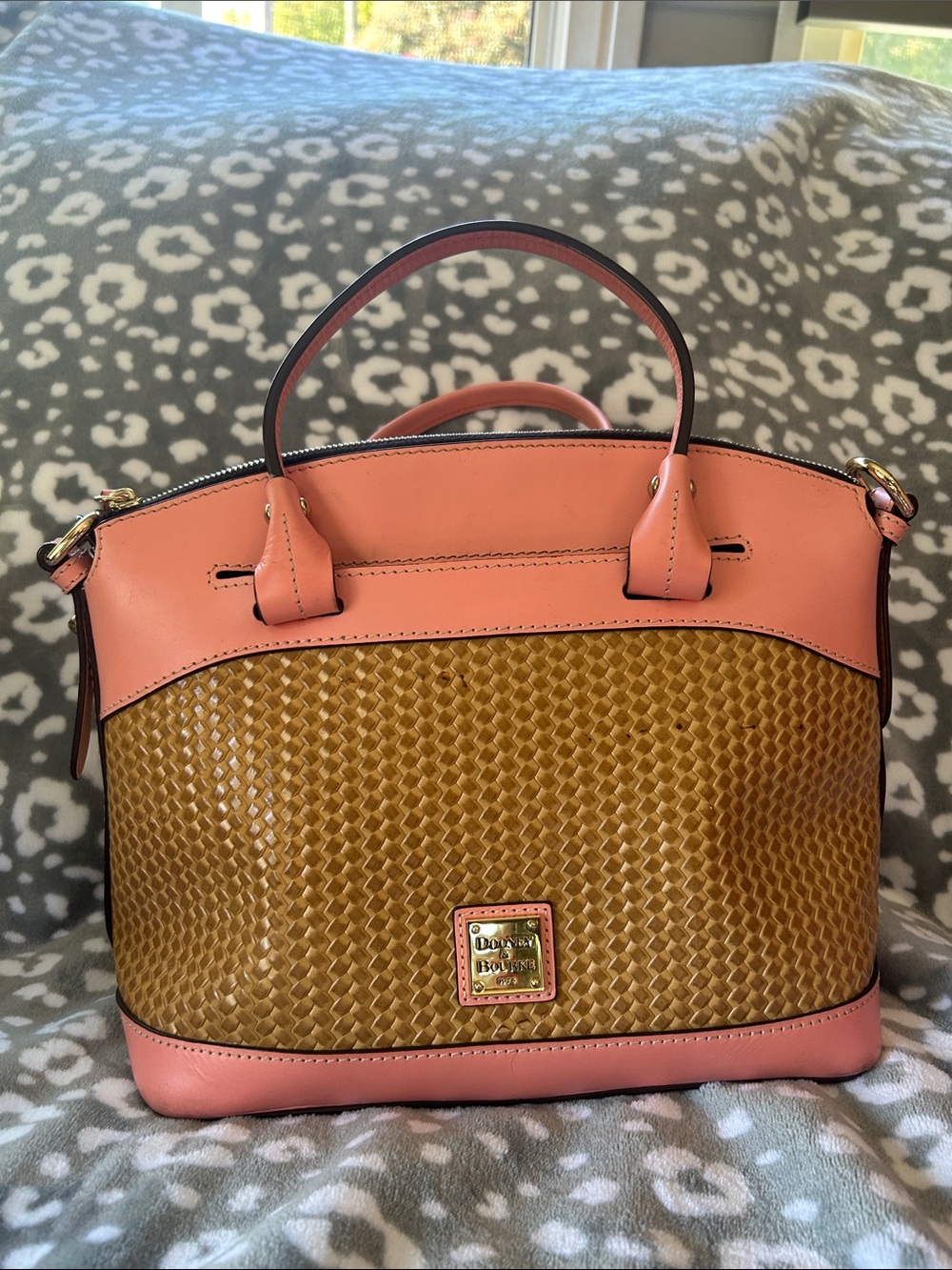 Dooney & Bourke Pink and Tan Woven Satchel with Top Handles